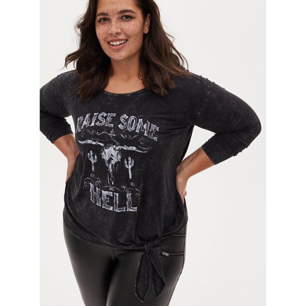 Torrid Super Soft Raise Hell Black Mineral Wash Tie Front Long Sleeve Tee 00 M